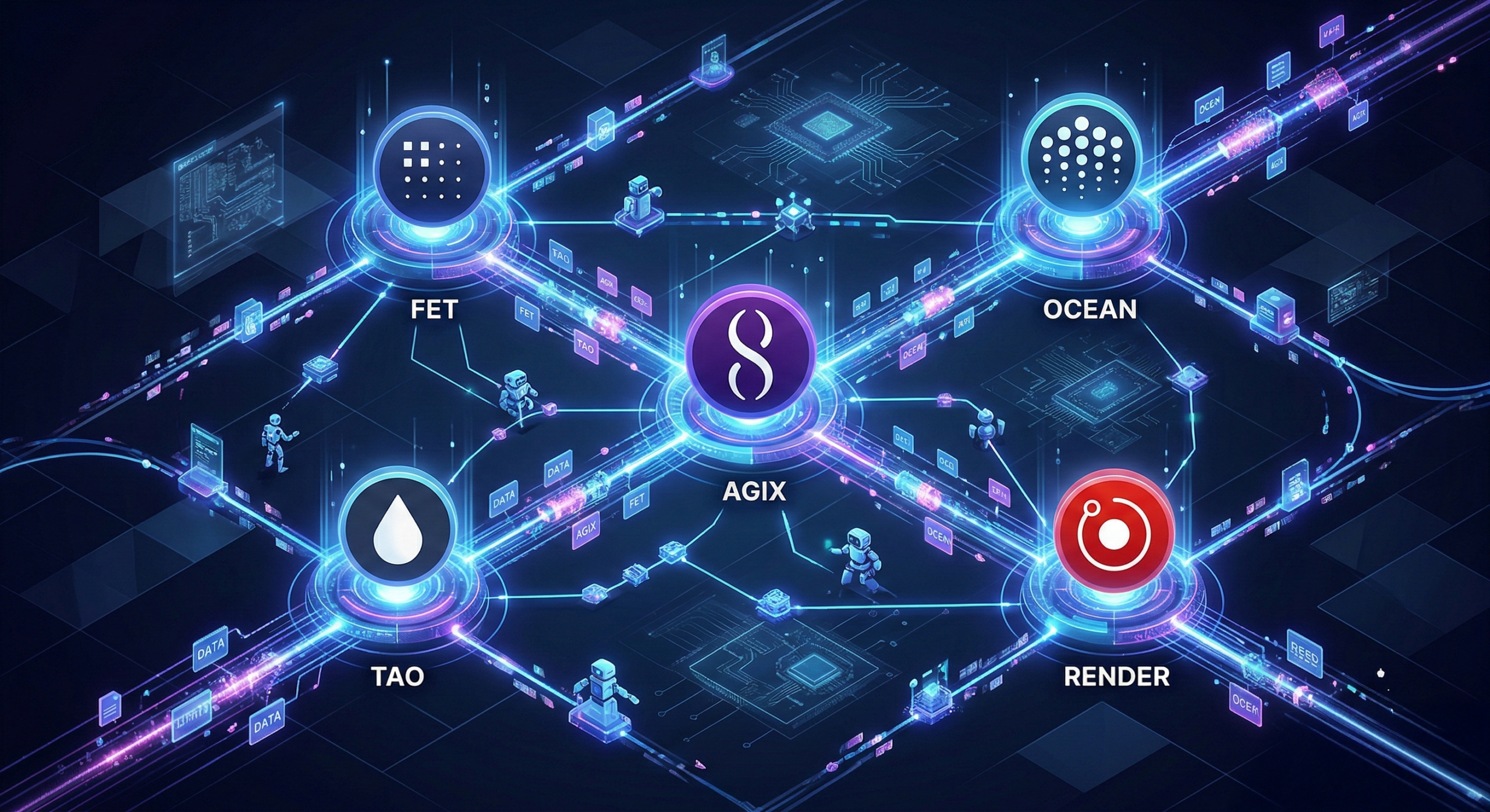 Five distinct, glowing cryptographic logos (FET, TAO, AGIX, OCEAN, RENDER) are connected by pulsing blue data lines within a complex, futuristic digital neural network structure, representing the autonomous agentic economy infrastructure.