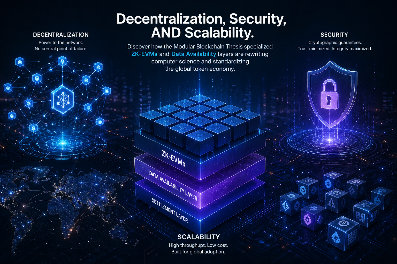 Decentralization, Security, AND Scalability. Discover how the Modular Blockchain Thesis specialized ZK-EVMs and Data Availability layers are rewriting computer science and standardizing the global token economy.